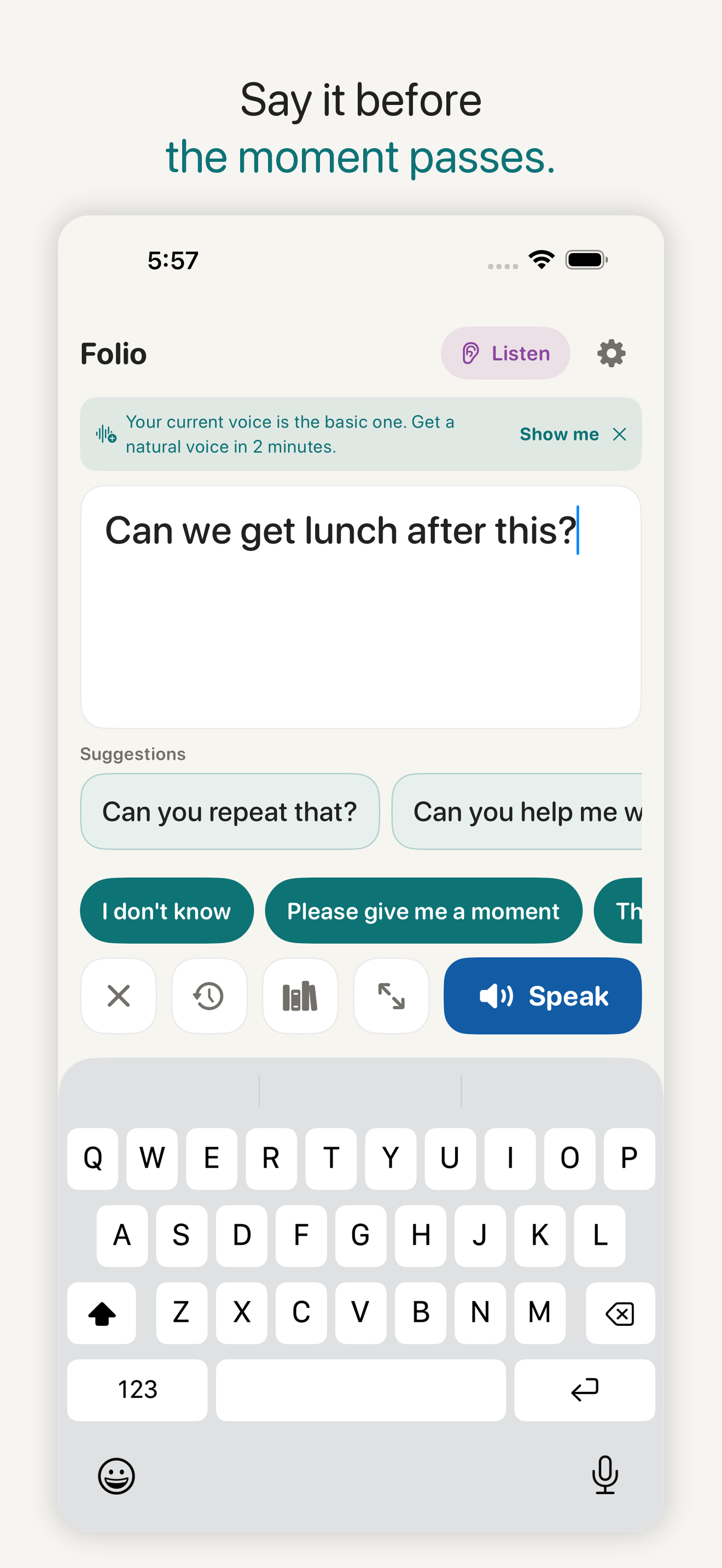 Folio AAC communication board on iPad showing symbols that speak when tapped